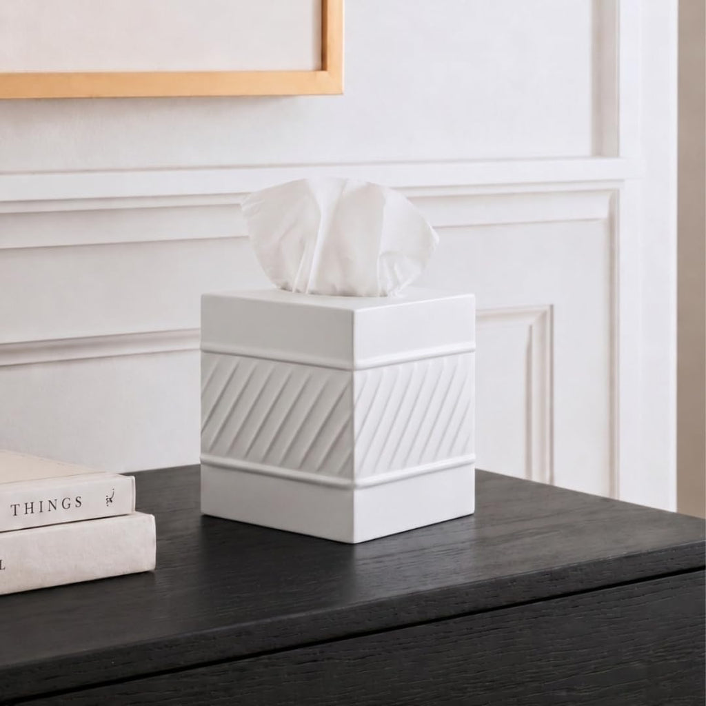 Monarch Abode Tissue Box Cover Square – Handcrafted Wave Embossed White Metal Tissue Holder Box for Bathroom Accessory, Aesthetic Decorative Facial Napkin Cube for Modern Home Decor