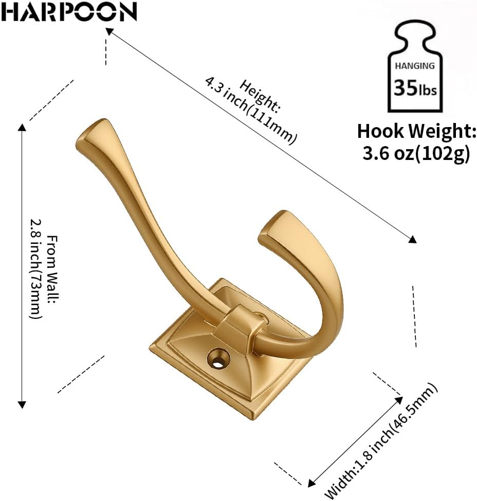 HARPOON 5 Pack 4.3" Double Prong Wall Hooks Brushed Gold Coat Towel Hooks