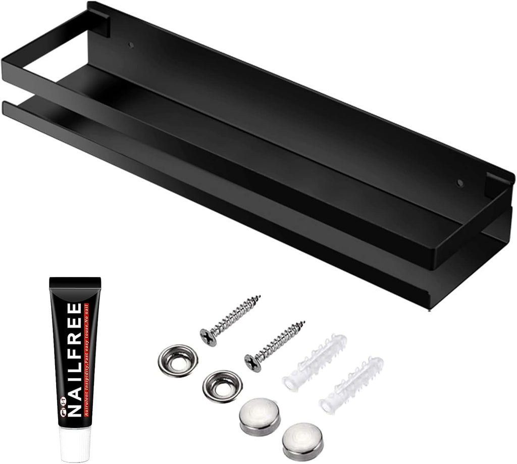 Rustproof Metal Storage Floating Shelves Wall Mounted Rectangular Shelf for Bedroom,Bathroom, Living Room, Kitchen, and Laundry Room,Nail-Free Wall-Mounted Shelves（15.75 Inch Black）