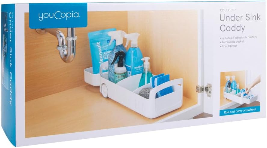 YouCopia RollOut Caddy Rolling Storage Bin with 2 Adjustable Dividers and Removable Basket for Kitchen and Bathroom Under Sink Organization, 8" Wide