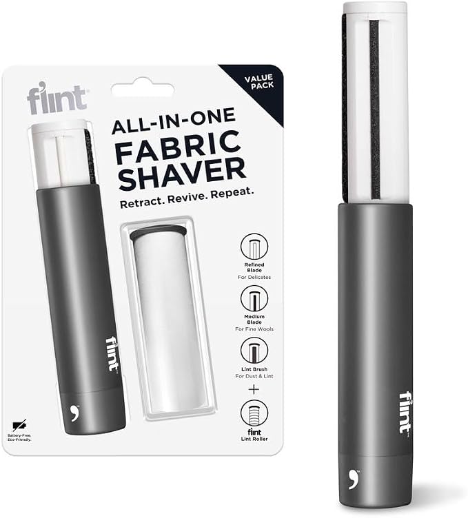 Flint All-in-One Fabric Shaver, Compact, Retractable & Travel-Friendly Fuzz Remover with 2 Fabric-Safe Care Surfaces, Lint Brush & Lint Roller, Ultimate Depiller for Clothes, Eco-Friendly