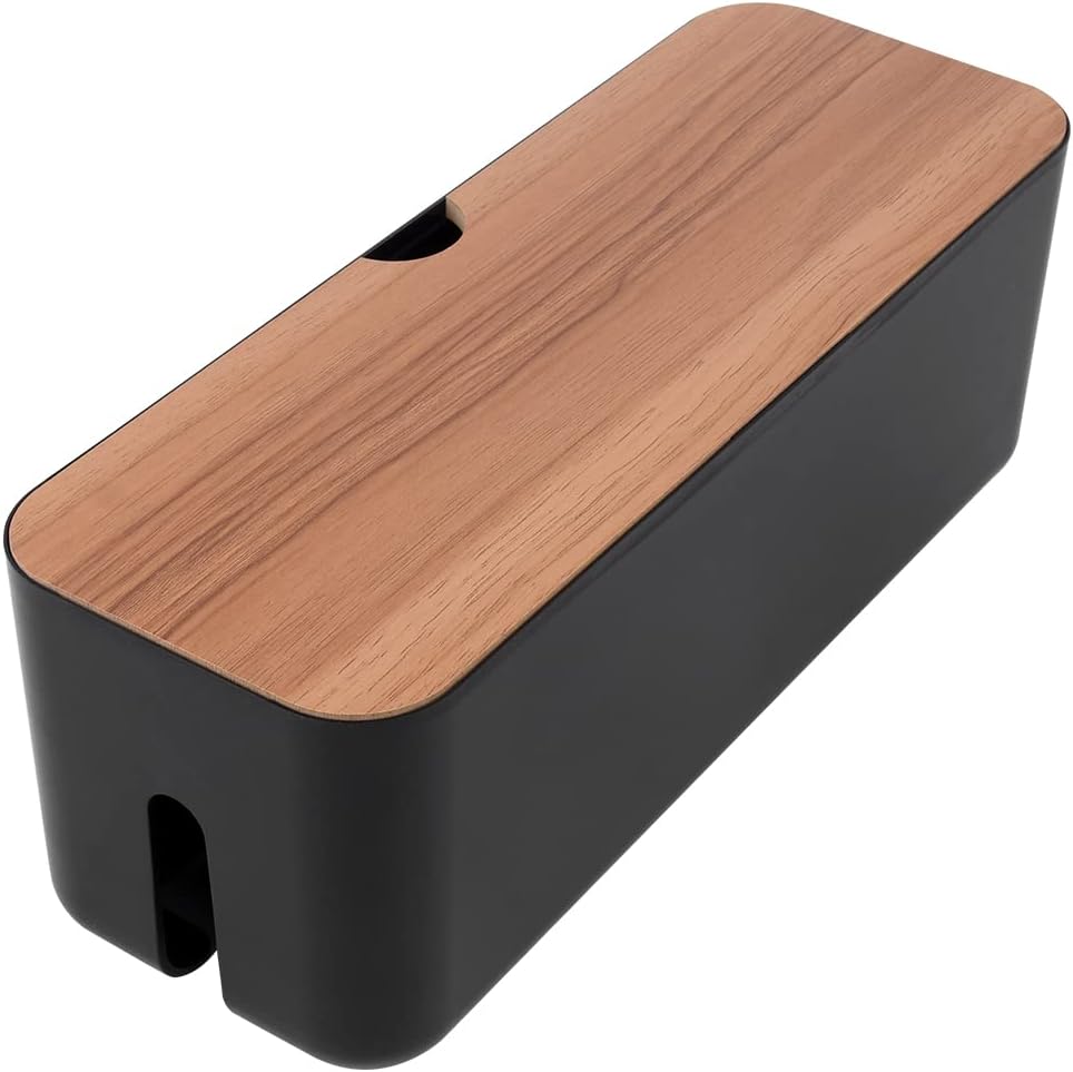 Large Wooden Style Cable Management Box, Hide Wires & Power Strips for Home & Office, Safe ABS Desk Computer Cable Organizer (Black)