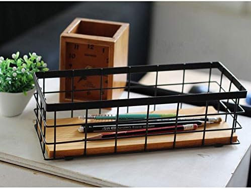 KiaoTime Metal Wire Storage Organizer Bin Basket, Home Kitchen Restaurant Coffee Bar Station Counter Sugar Sweetener Tea Packets Holder, Rustic Style Wire Grid Wooden Base Organizing Basket