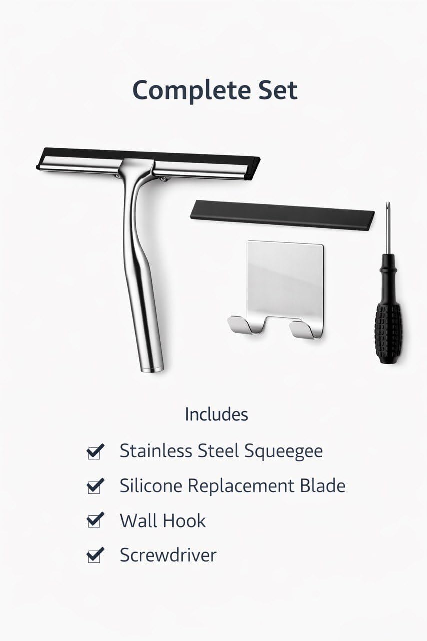 MOVAN Shower Squeegee for Glass Doors with Replacement Silicone Blade – 304 Stainless Steel Frame, 10 Inch, Streak-Free Bathroom Window Wiper with Adhesive Hook, Black
