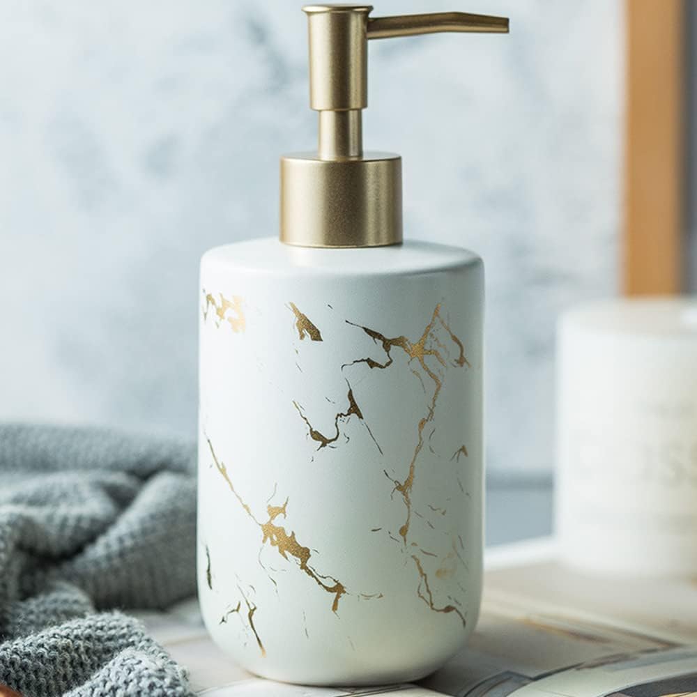 Gold Soap Dispenser, Dish Soap Dispenser for Kitchen Liquid Soap Pump Dispenser for Shower, Ceramics Refillable Hand Soap Lotion Dispenser, Shampoo Lotions Bottle for Bathroom, 10.5 OZ (White).