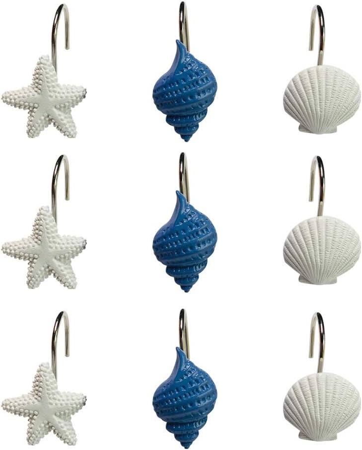 Twofishes Blue Seashell Shower Curtain Hooks S/12 Ocean White Starfish Style Shower Curtain Rings Pack of 12 Oecan Shell Shower Rings Set of 12