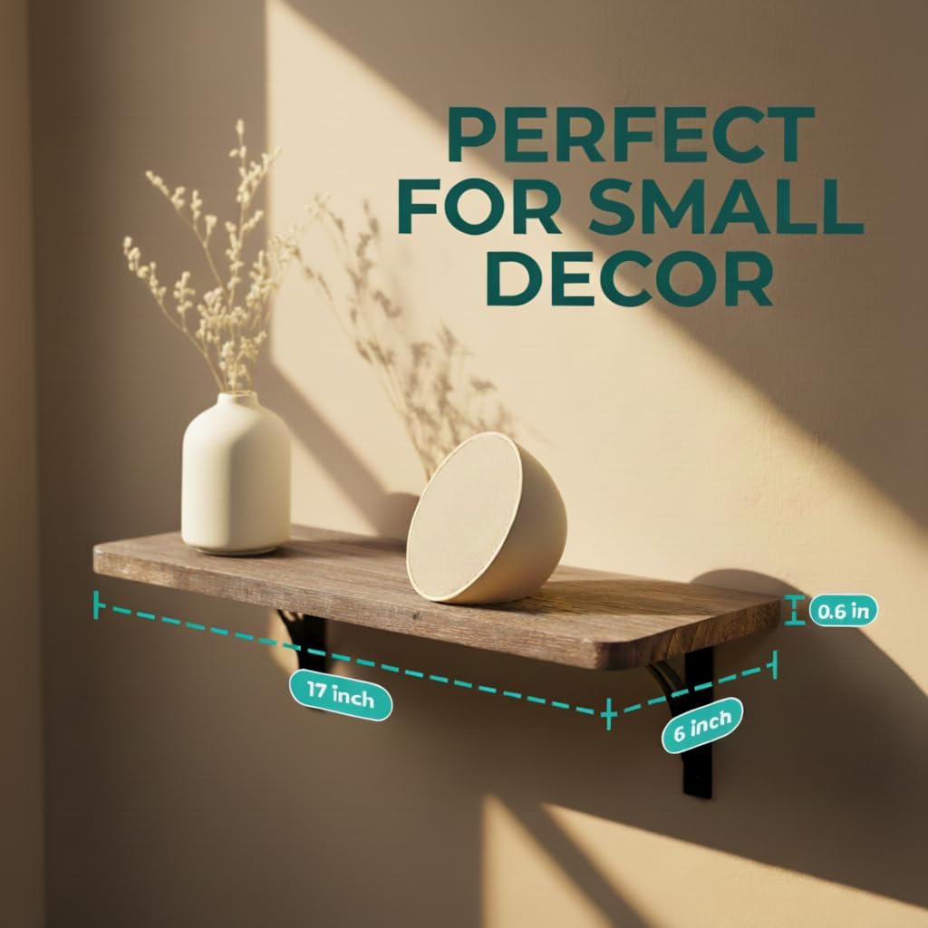 Willowy Reinforced Steel Bracket Rustic Brown Shelf - Easy to Install, Template and Video Included - Rustic Shelves for Wall, Bathroom Storage Shelves