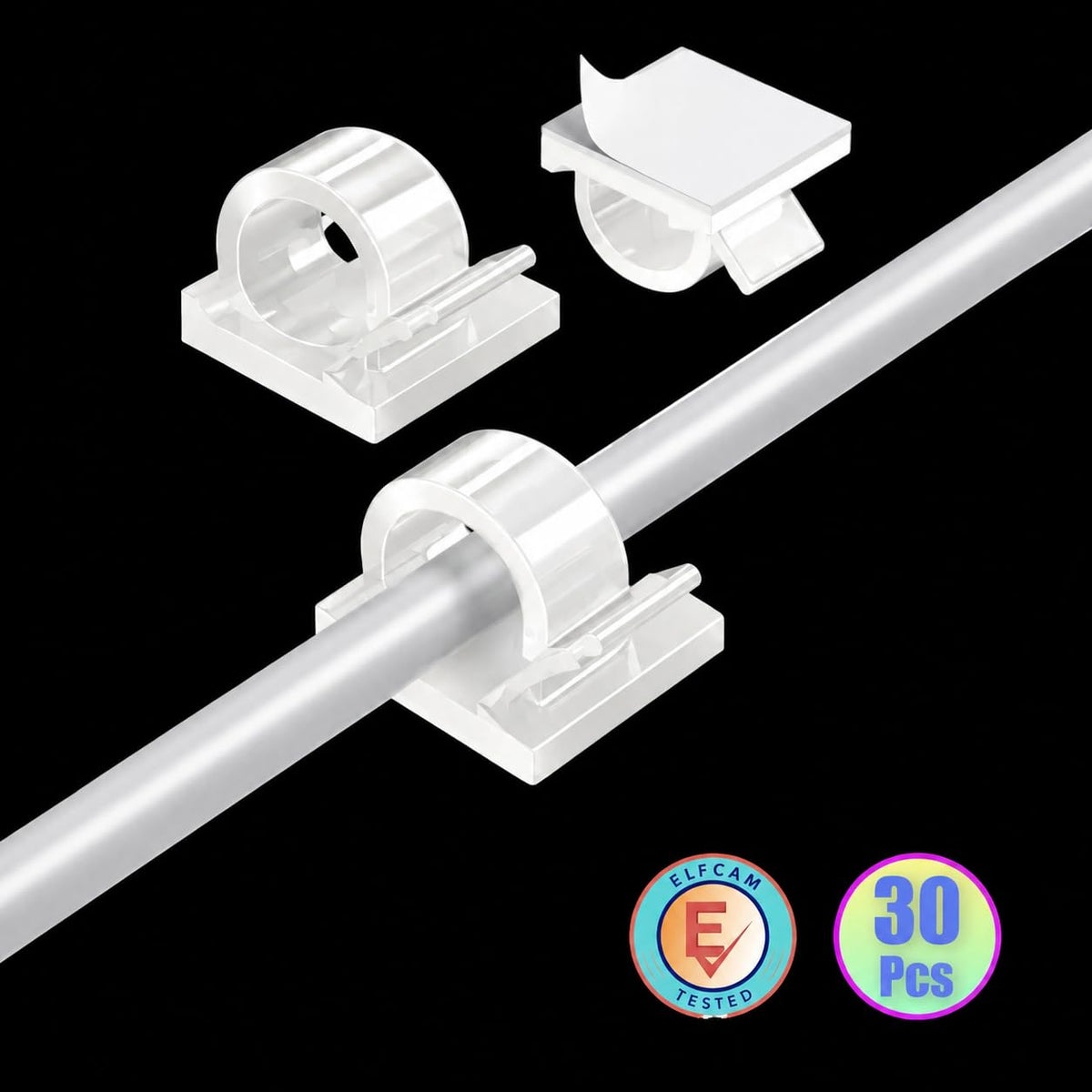 Elfcam® - 30 Piece Adhesive Cable Clips for Ethernet Network Cable Management, Cable Ties and Cords for Home or Office, White (Set of 30)
