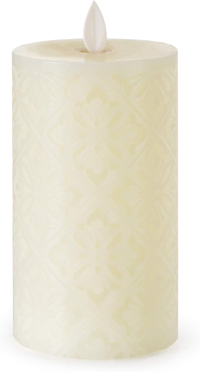 Flameless Candle, Real Wax LED Candle, Safety RGB Light, Run by 2 AA Batteries(not Included), Ivory Wax, D: 3.2'', H: 6.3'', Floral Pattern, Dancing Flame, Remote to Multi Color, 4H 8H Timer, Flicker