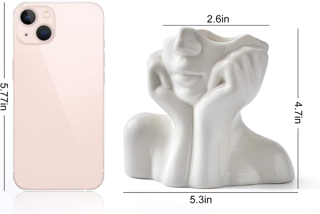 FJS Ceramic Face Vase, White Flower Vase for Table Decor