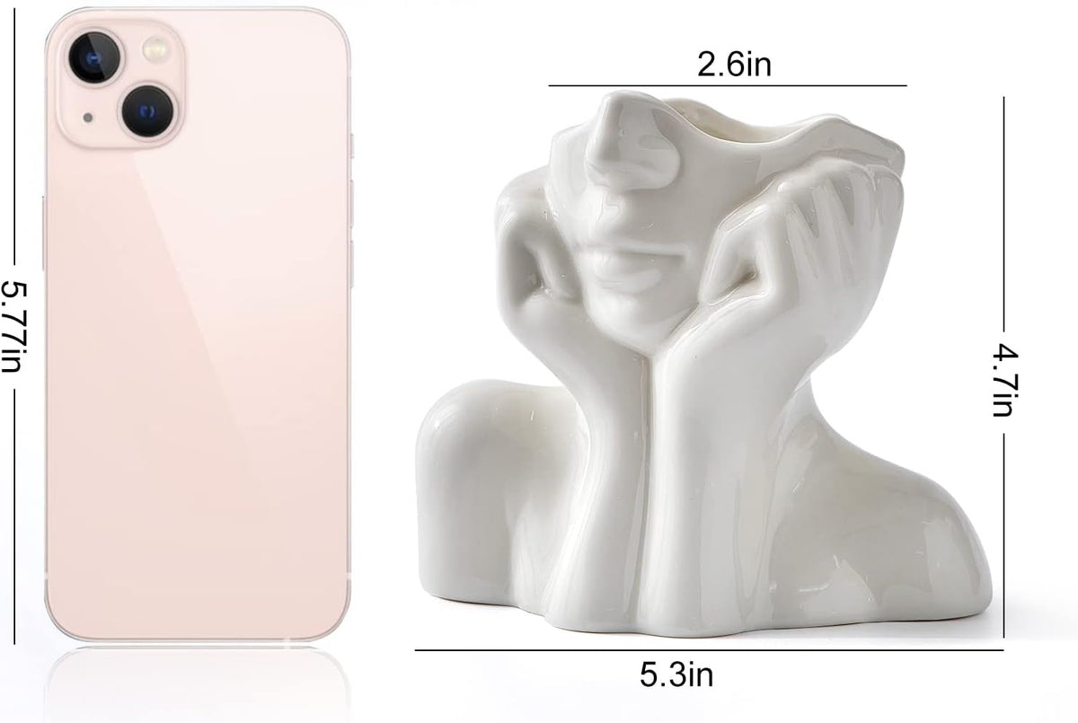 FJS Ceramic Face Vase, White Flower Vase for Table Decor
