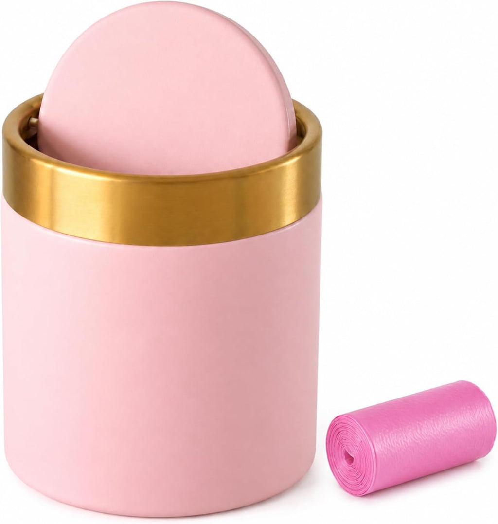 Pink Mini Trash Can with Swing Lid, 0.4 Gal Metal Countertop Bin