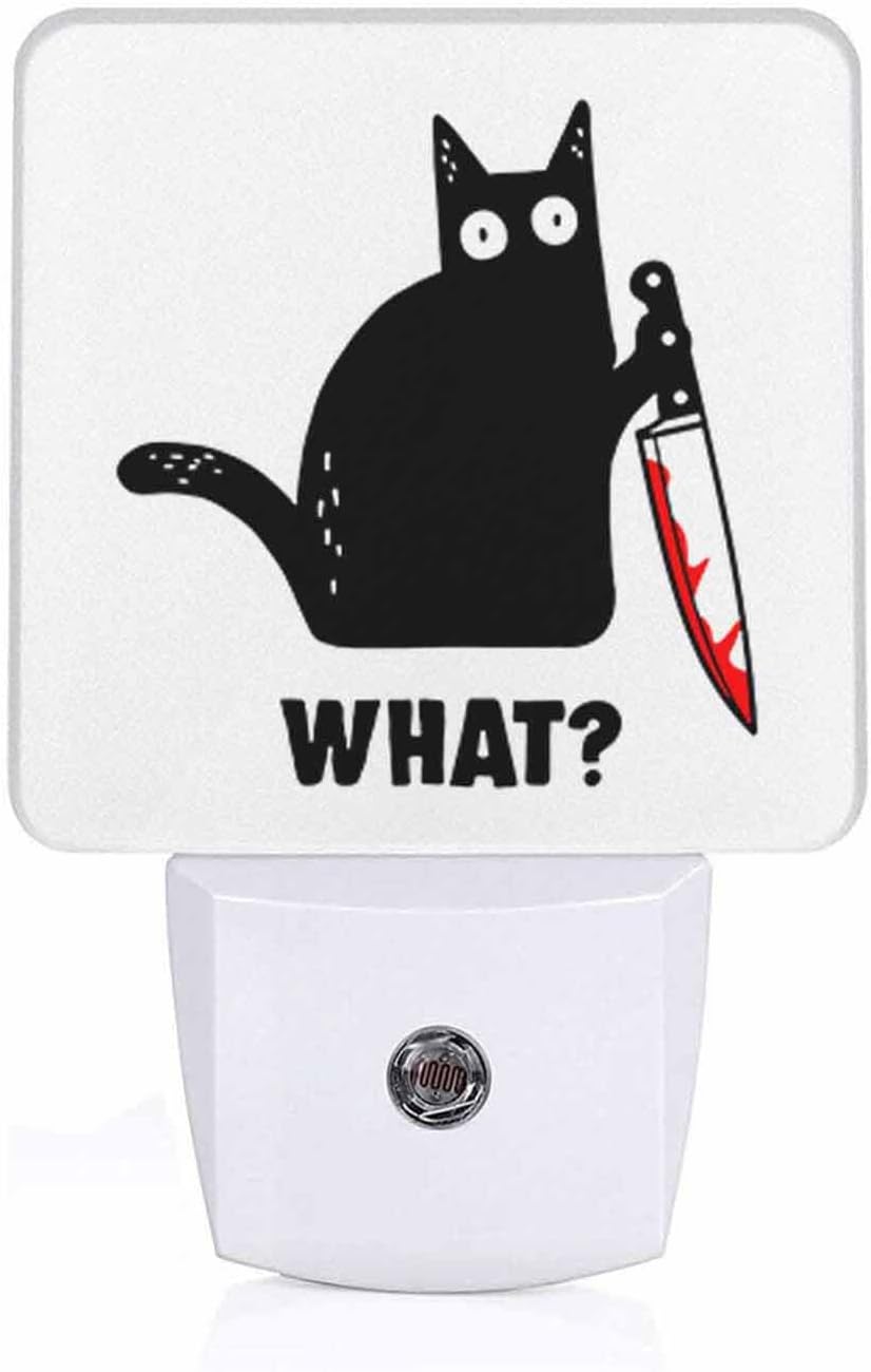 LED Night Light,Black Cat and Knife What LED Night Light Plug into Wall with Dusk to Dawn Light Sensor White Energy Efficient Nightlight for Bedroom Bathroom Hallway Living Room Kitchen
