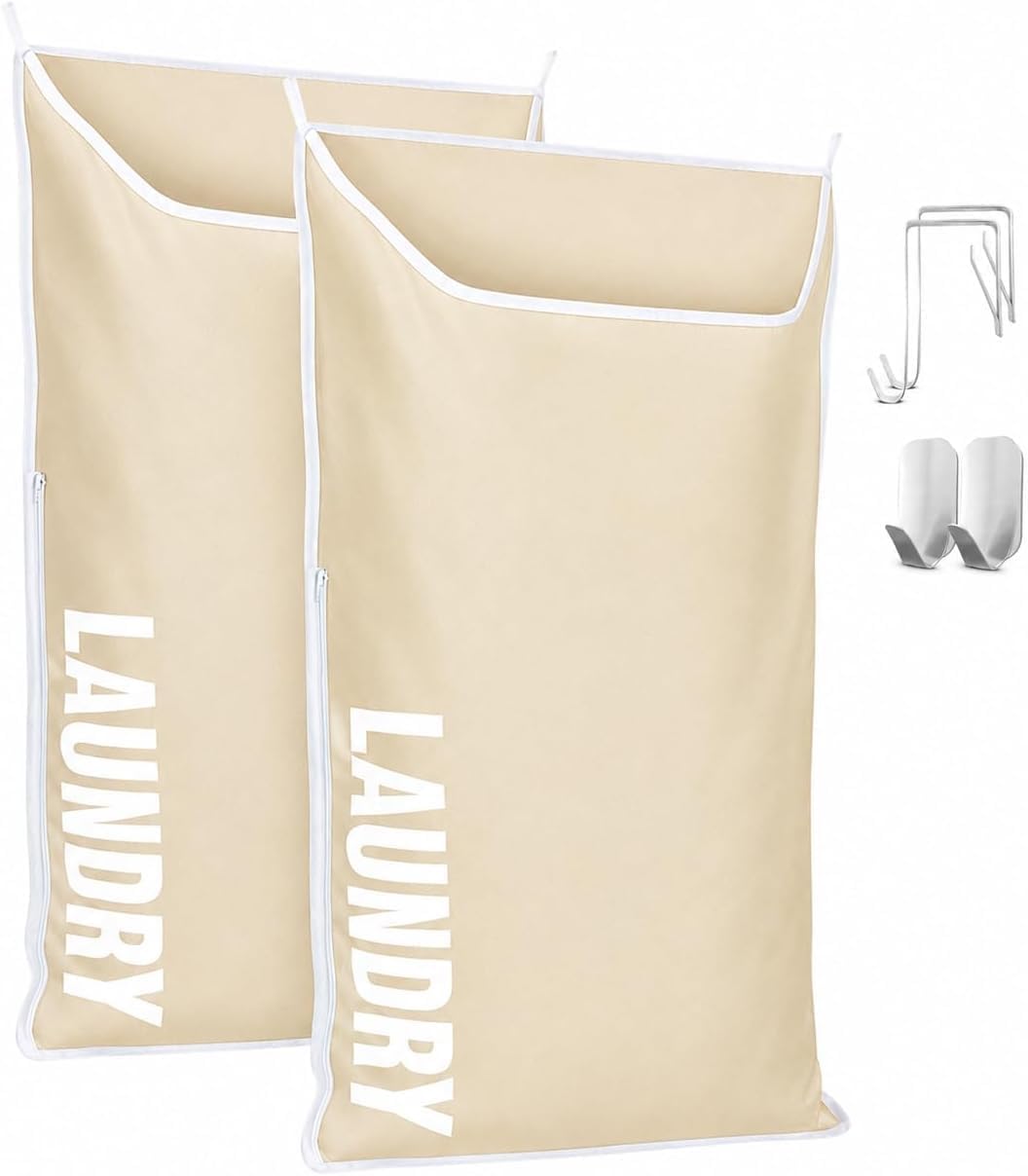 Hanging Laundry Hamper Bag,Space Saving over the Door Storage Bags – Behind the Door Hampers for Dirty Clothes, Wall Mounted Basket for Bathroom (Beige, 2-Pack)