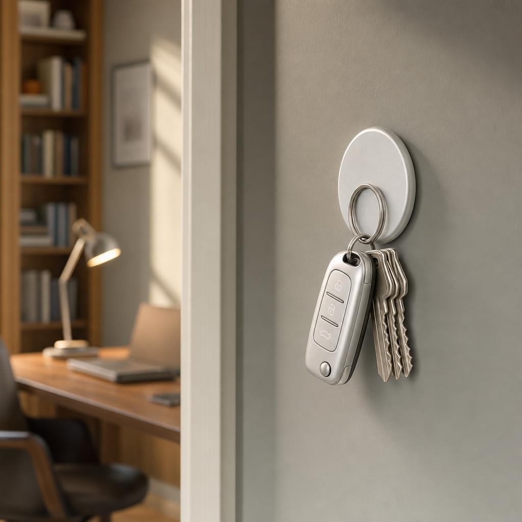 Magnetic Key Holder, 2-Pack Modern Wall Mount Key Hook, Silver Round Metal Key Ring Storage Organizer for Home & Office