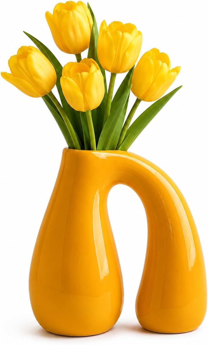 Yellow Ceramic Vase for Pampas, Boho Shelf & Table Decor