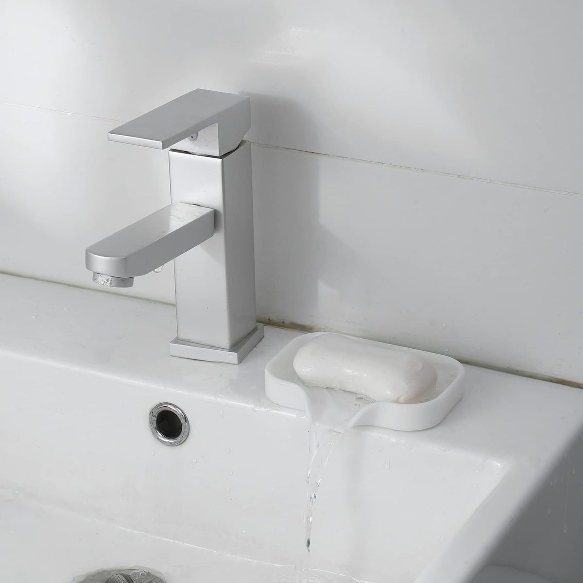 MicoYang Silicone Soap Dish with Drain Spout, Self-Draining Sink Organizer Tray for Bathroom and Kitchen, Sponges, Dispensers and Soap Holder, Non-Slip and Dishwasher Safe, White (Compact, 4.9"×3.2")