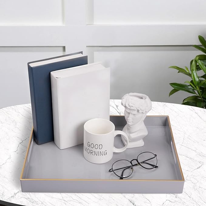 MAONAME Gray Decorative Tray, Rectanrle Plastic Serving Tray with Handles