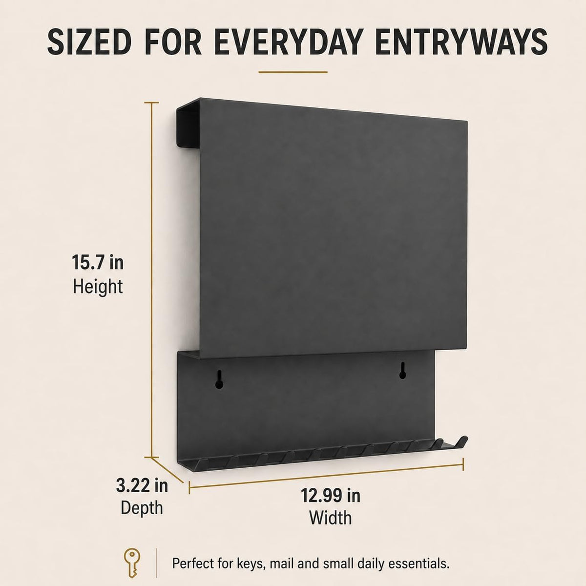 Key Holder Wall Mount,Mail Organizer with Hidden Storage,Minimalist Black