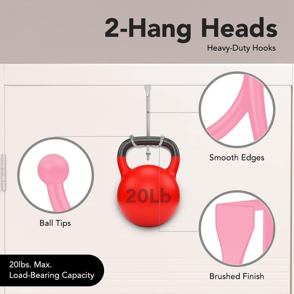 2-Pack Over The Door Hooks - with 2 Hang Heads & Snug Fit Pads Heavy Duty Hook for Hanging Coats, Towels, Caps & Robes - Elegant Matt Finish - No Drill Hanger Organizer - Pink