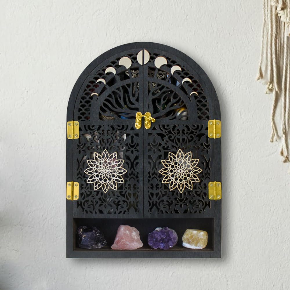 Small Tree of Life Crystal Display Shelf for Trinket and Knick Knack, Moon Shelves for Crystal Display, Crystal Holder Spiritual Decor Arch Wall Cabinet, Gothic Shelves Antique Case Wall Mounted