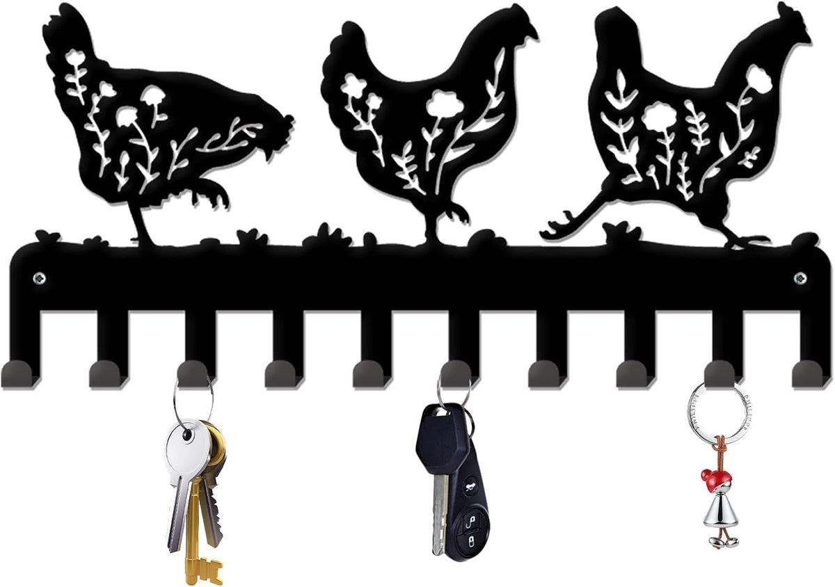 INFUNLY Key Holder for Wall Black Metal Key Hooks with 10 Hooks Floral Chicken Key Hook Rack Wall Mounted Key Organizer Hanger for Towel Bathroom Entryway Front Door Hallway Office, 5x10