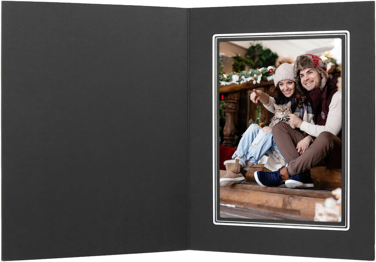 Golden State Art, Pack of 10, 5x7 Photo Folders, Cardboard Picture Frame, Paper Frame Cards, Greetings/Invitation Special Events: Graduation, Christmas (Black with Silver Lining)