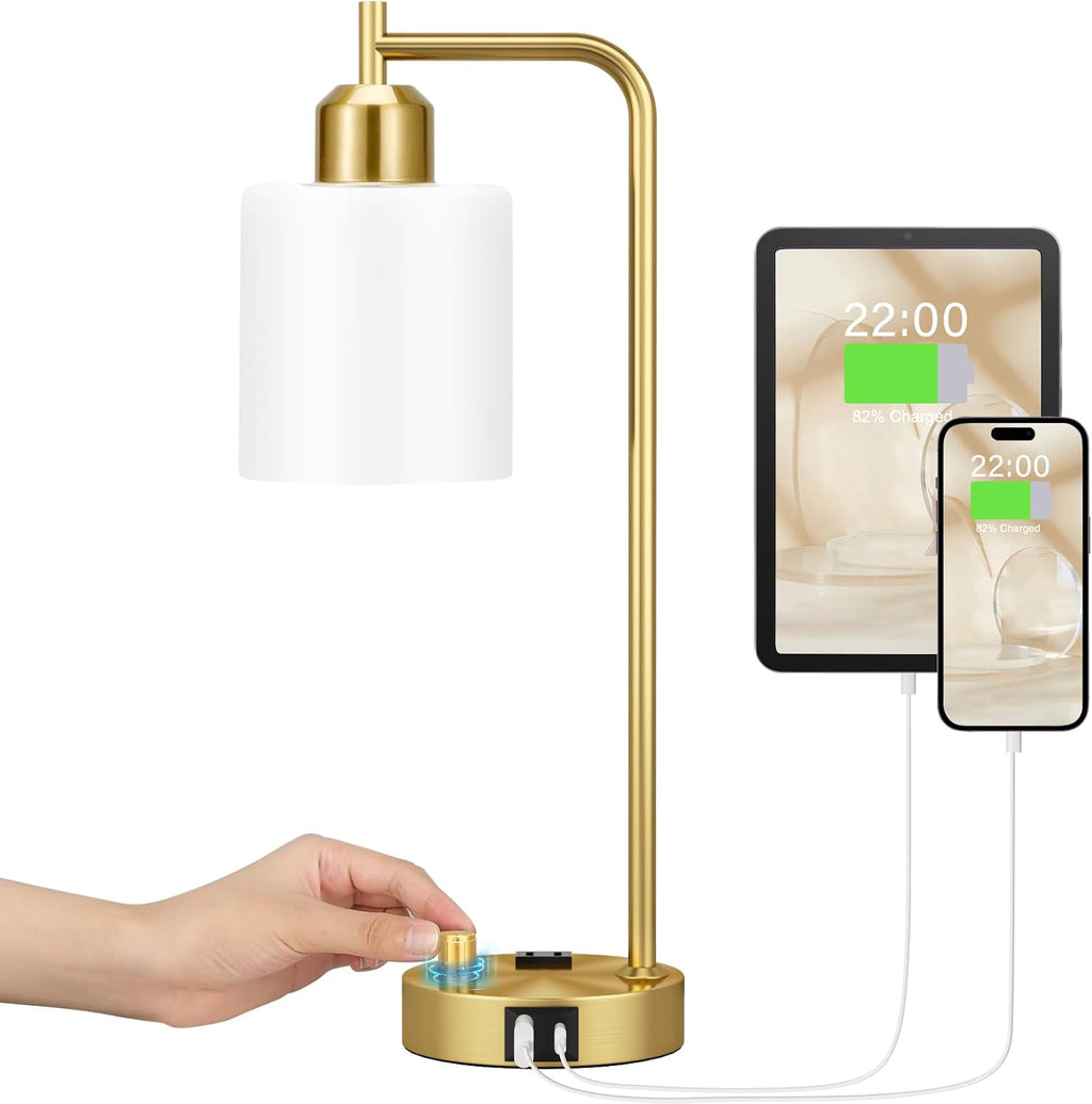 Innqoo Gold Lamp for Bedroom - Industrial Bedside Table Lamp with USB Port and Outlet, Fully Dimmable Nightstand Lamp with Opal Glass Shade, Small Desk Lamps for Home Office