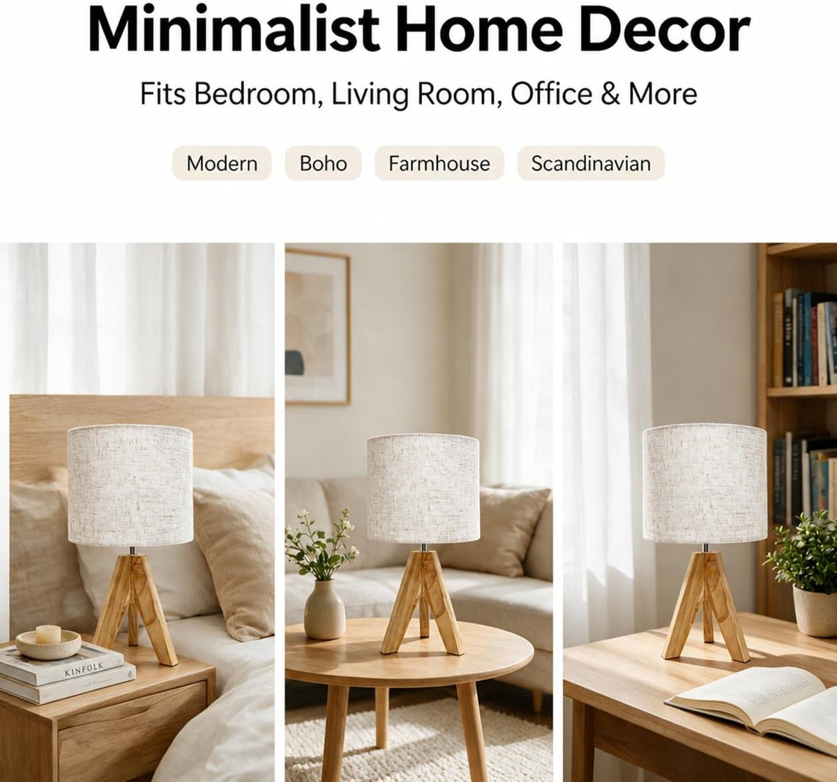 Tripod Table Lamp Small: 2 Pack Wooden Nightstand Lamp with E26 Socket