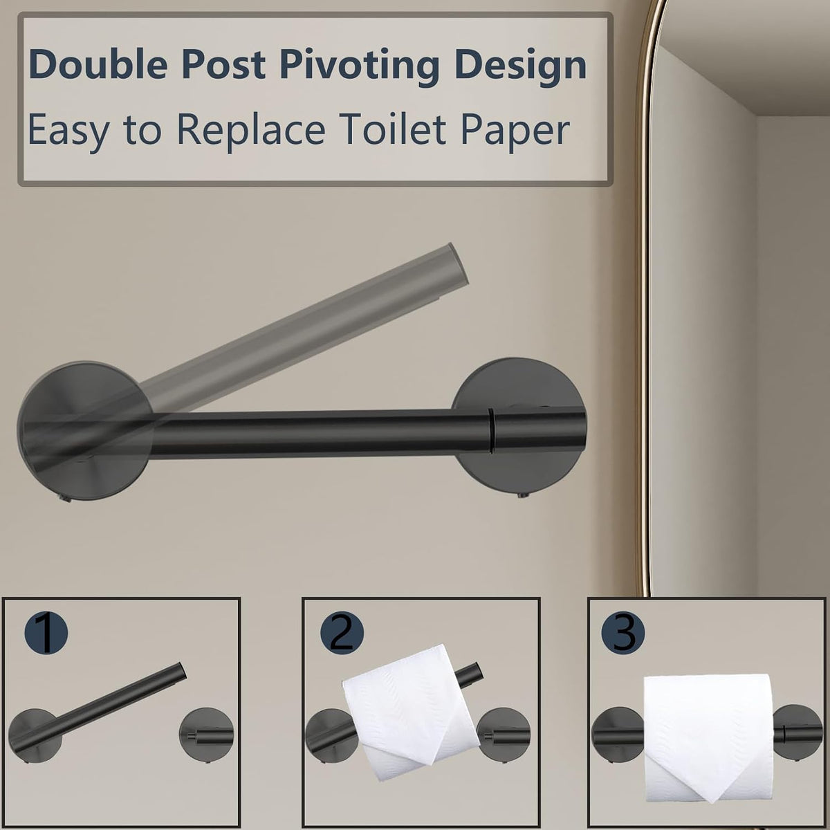 Toilet Paper Holder, Double Post Pivoting Design, Stainless Steel Rustproof Bathroom Tissue Holder, Wall Mount Fits Mega Rolls, for Home, RV, Commercial Bathroom Black