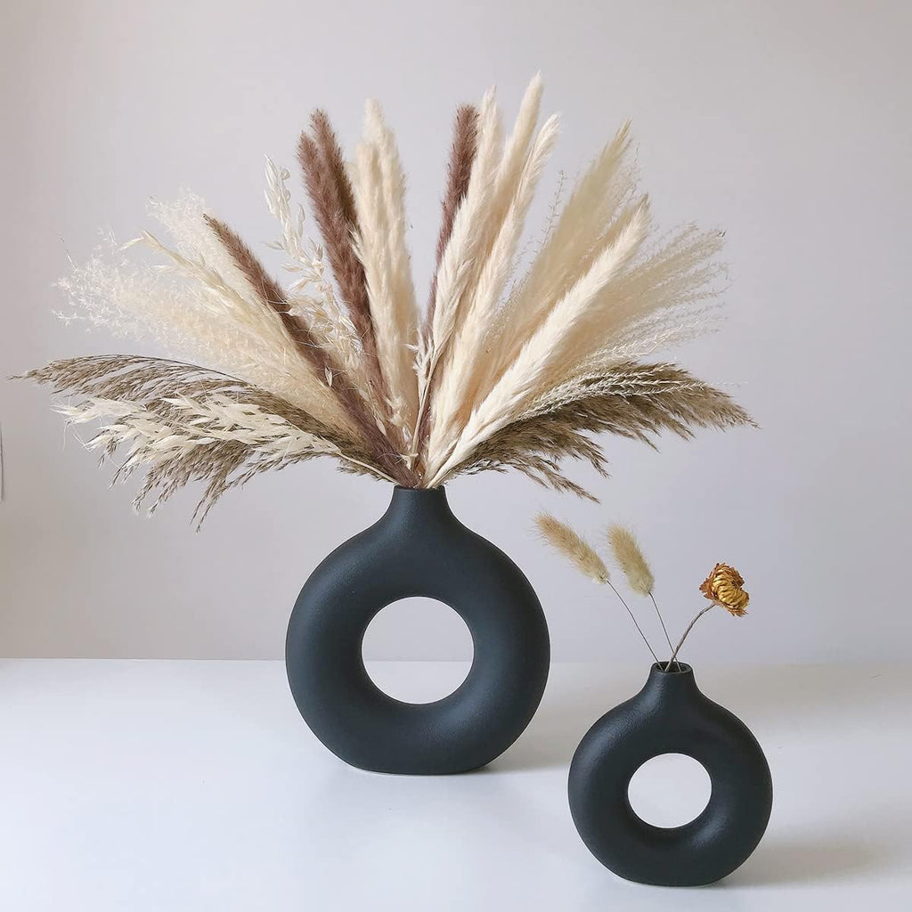 White Ceramic Vases for Pampas Grass,Water Drop Design Doughnut vase Modern Home Decor Minimalist Nordic Boho Ins Style (Black Mini)