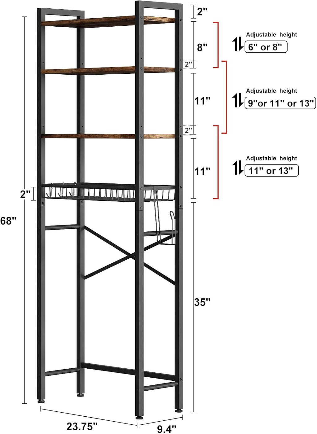 Kalrin Over-The-Toilet Storage Rack, 4-Tier Bathroom Organizer Shelf Over Toilet with Adjustable Shelf and Basket, Freestanding Space Saver Bathroom Shelves Above Toilet for Room (Vintage Brown)