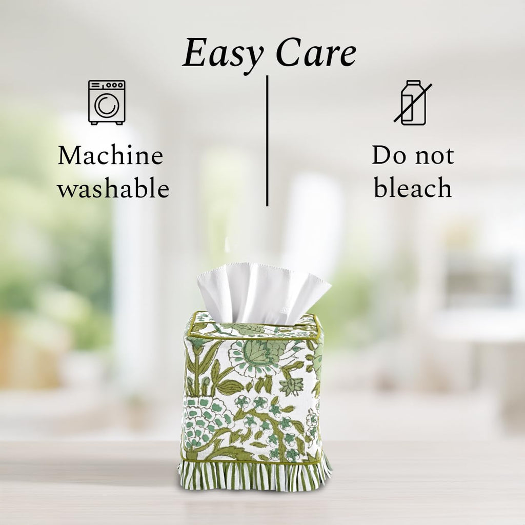 CPC 100% Cotton Ruffle Block Print Tissue Box Cover, Agate Green