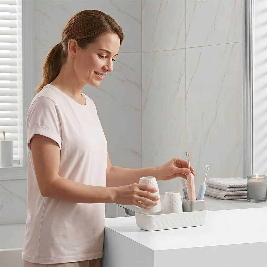 Toothbrush Holder with Cups, Electric Toothbrush and Toothpaste Organizer, Bathroom Accessories Set for Kids and Families, White & Grey