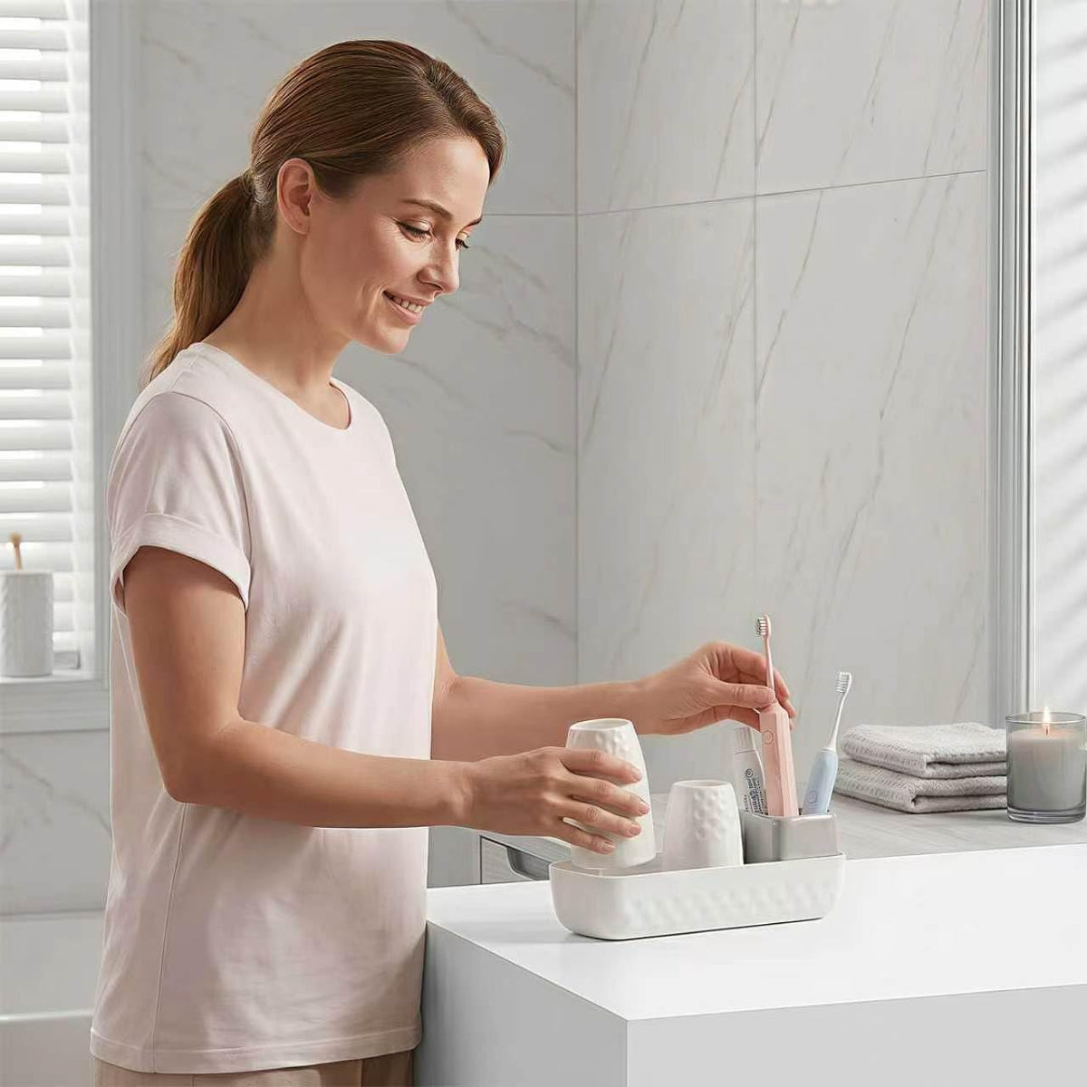 Toothbrush Holder with Cups, Electric Toothbrush and Toothpaste Organizer, Bathroom Accessories Set for Kids and Families, White & Grey