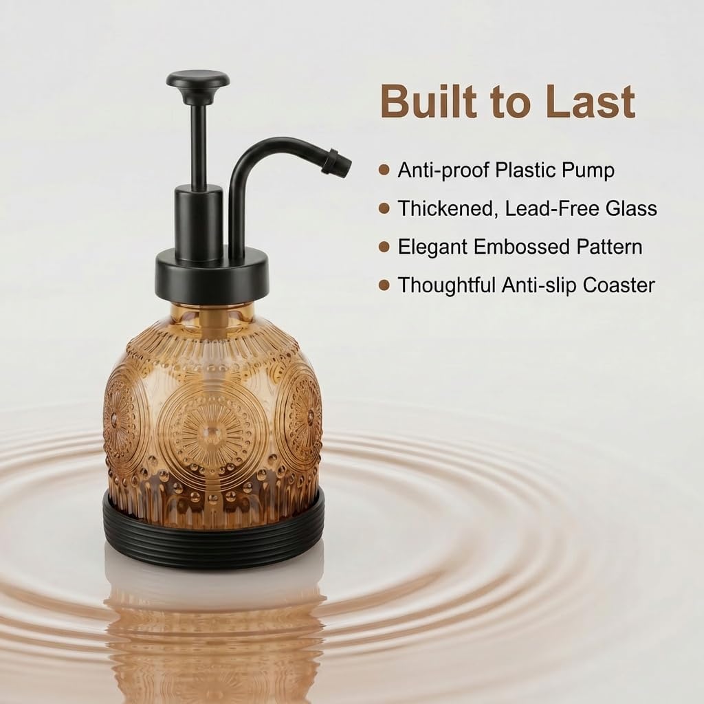 Glass Hand and Dish Soap Dispenser Set, Vintage Farmhouse Refillable Soap Dispenser with Black Pump & Non-Slip Mat, for Bathroom Kitchen Shampoo Lotion, Rustic Antique Decor (2 PCS, Brown)