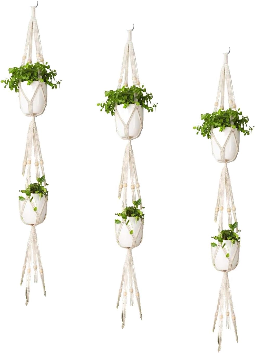 Mkono Macrame Plant Hanger 3 Tier Indoor Outdoor Hanging Planter Basket Cotton Rope with Beads 70 Inches (Pots and Plants NOT Included) (Pack of 3)