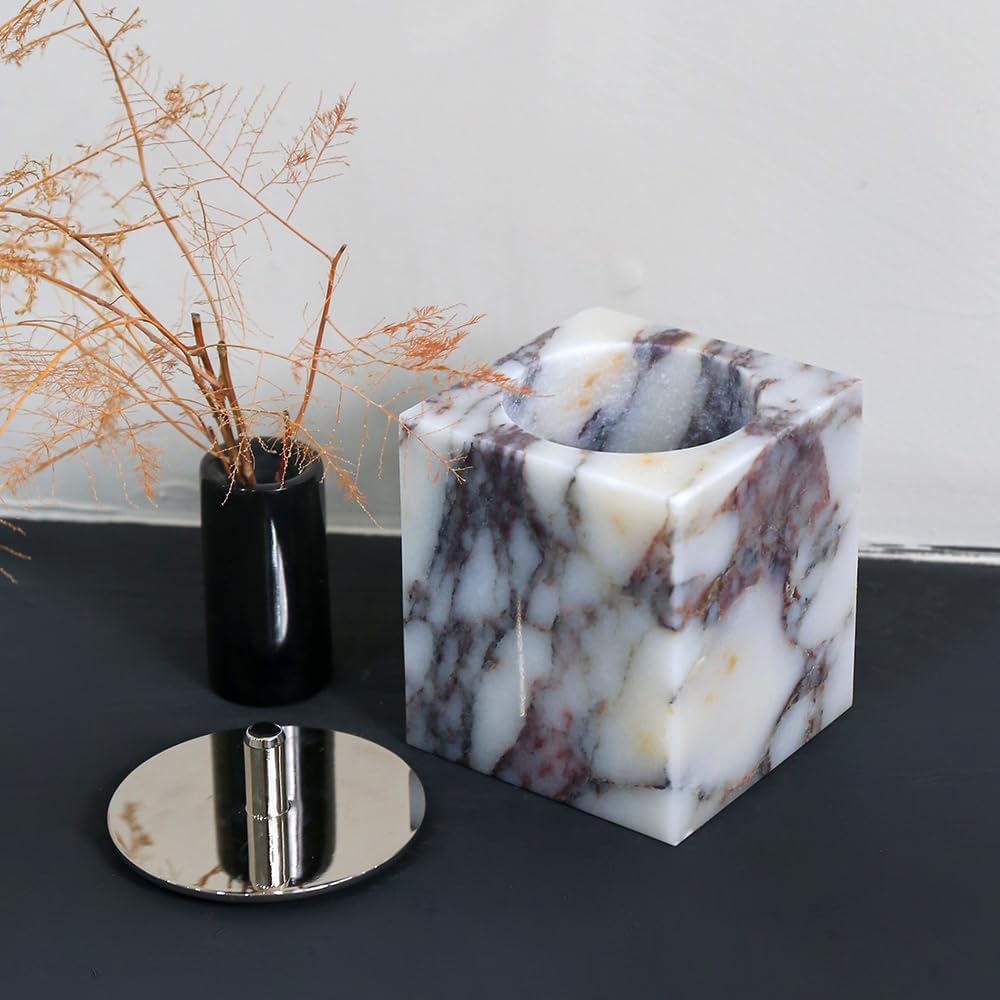 Marble Canisters Q-Tip & Square Cotton Swab Holder with Secure Lid