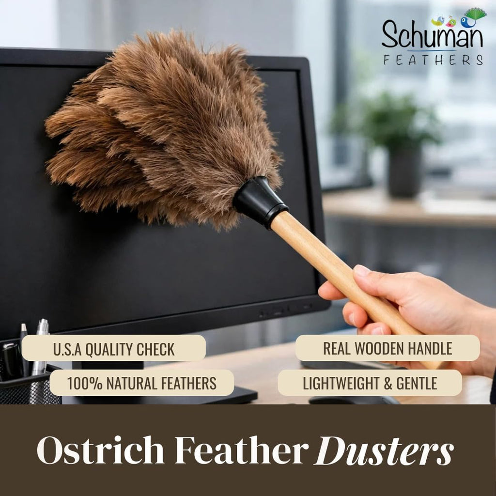 Ostrich Feather Duster with Wooden Handle 14" – Natural Reusable Feather Duster for Cleaning, Furniture & Shelves, Blinds, Ceiling Fan, Dusting Tool for Home, Office, Delicate Surfaces - 1 Pack