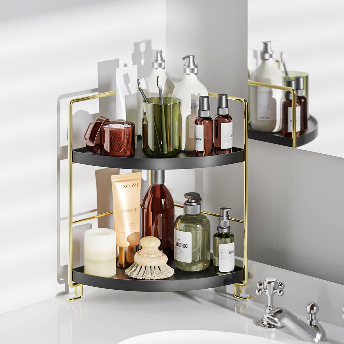 KINGNERWI 2-Tier Bathroom Counter Organizer, Vanity Corner Shelf, Black