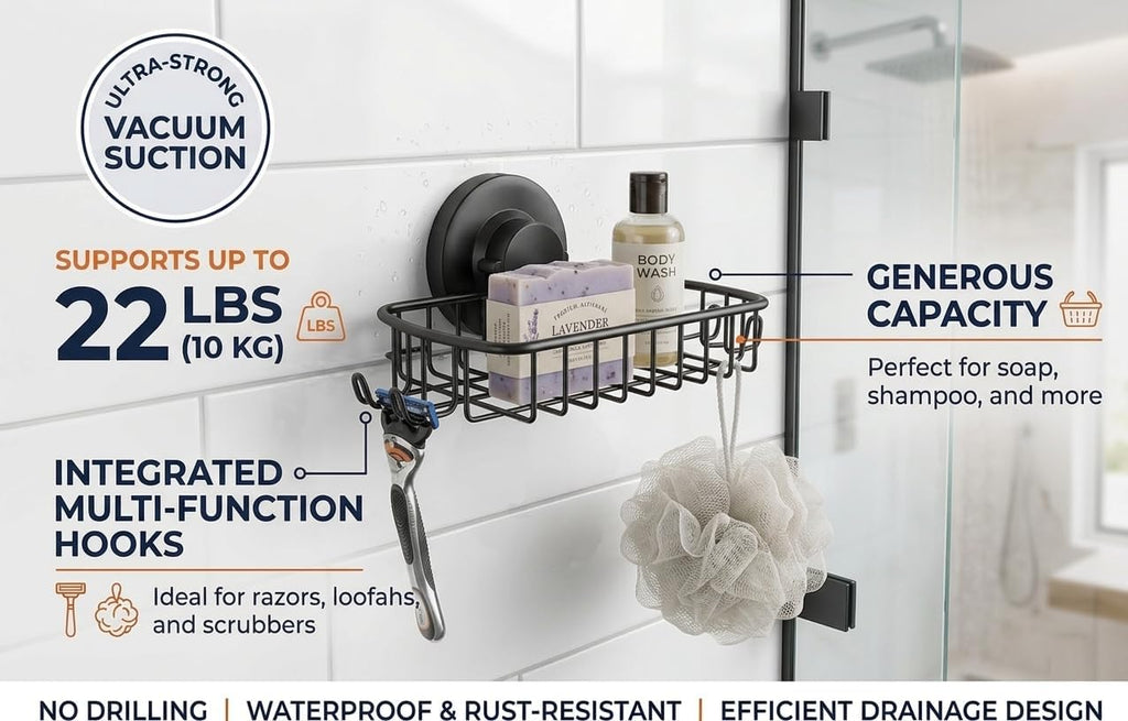 Soap Dish for Shower Suction Cup Powerful Vacuum System Rustproof 304 Stainless Steel Basket Sponges Holder with Razor Hooks for Bathroom or Kitchen Soap Holder (Black)