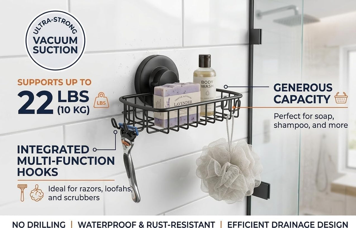 Soap Dish for Shower Suction Cup Powerful Vacuum System Rustproof 304 Stainless Steel Basket Sponges Holder with Razor Hooks for Bathroom or Kitchen Soap Holder (Black)
