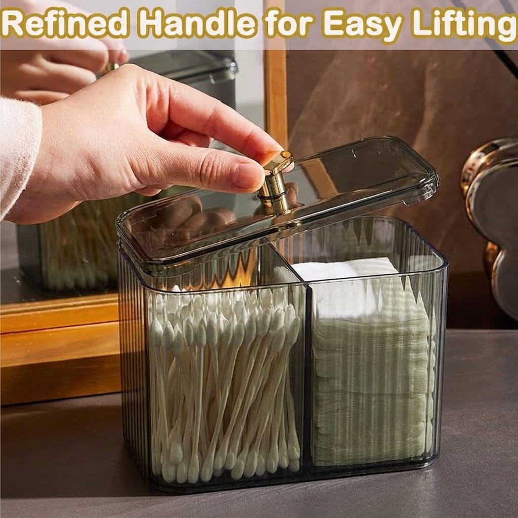1 Pack 3-Section Clear Qtip Holder with Dustproof Lid, Bathroom Cotton Ball and Qtip Organizer, Cotton Swab Container for Vanity Canisters Jars for Countertop Storage and Organization (Clear-Green)