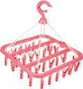 Laundry Hanger with 32 Clips, Foldable Clothes Drying Rack, 360° Rotating Sock Dryer Clip Hanger for Socks, Underwear, Bras, Baby Clothes, Towels, Indoor Outdoor Travel Clothes Drying Rack (Pink)