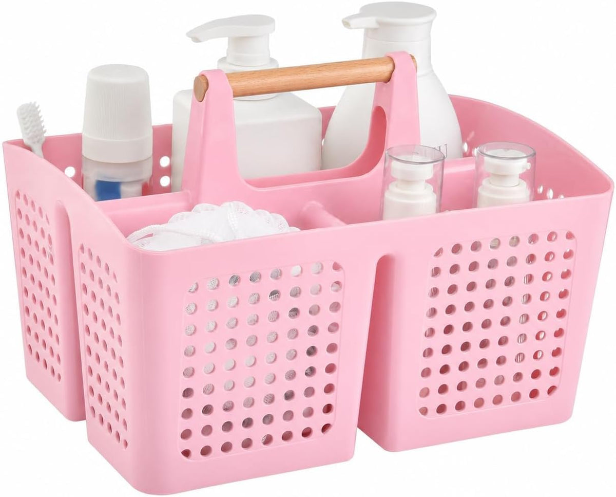 Portable Shower Caddy Basket with 3 Compartments and Handle, Caddy Pink