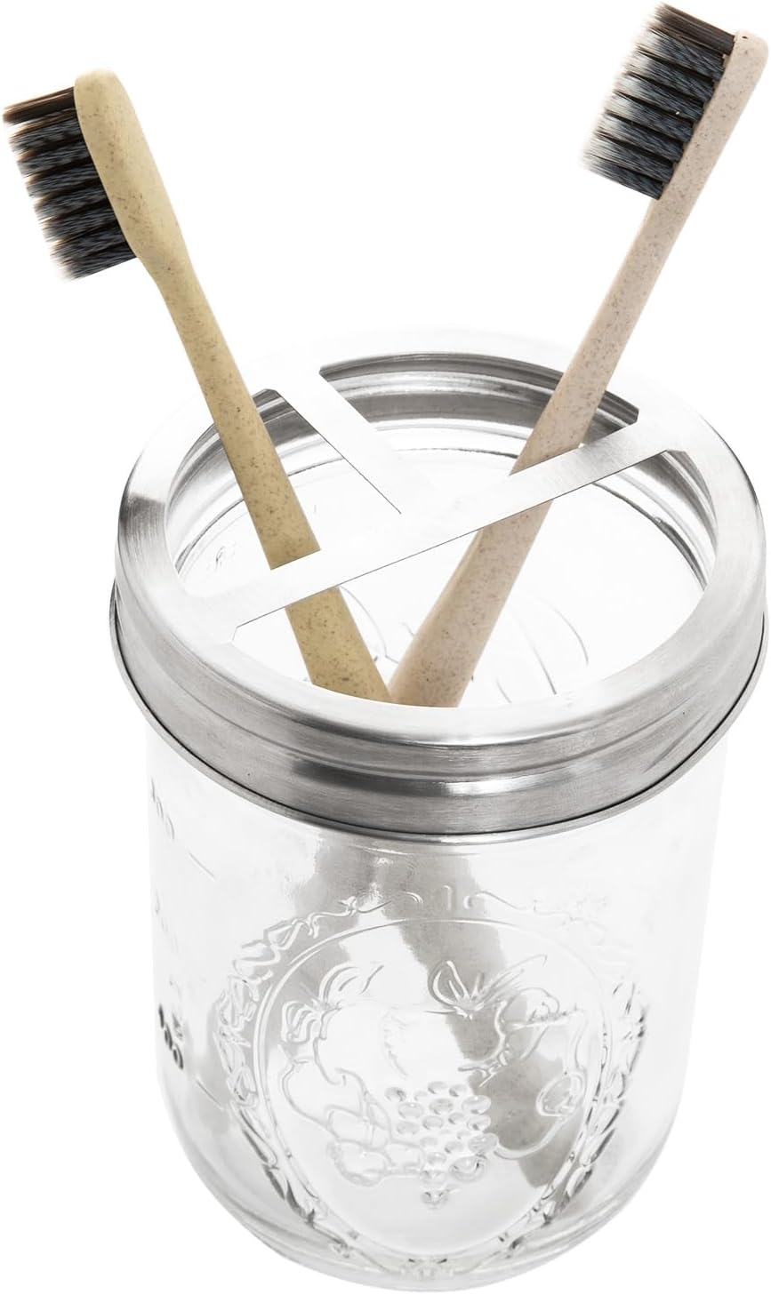 2Pcs Mason Jar Toothbrush Holder 16oz Glass with Premium Rustproof 304 Stainless Steel Lid-Farmhouse Bathroom Organizers and Storage（Silver）
