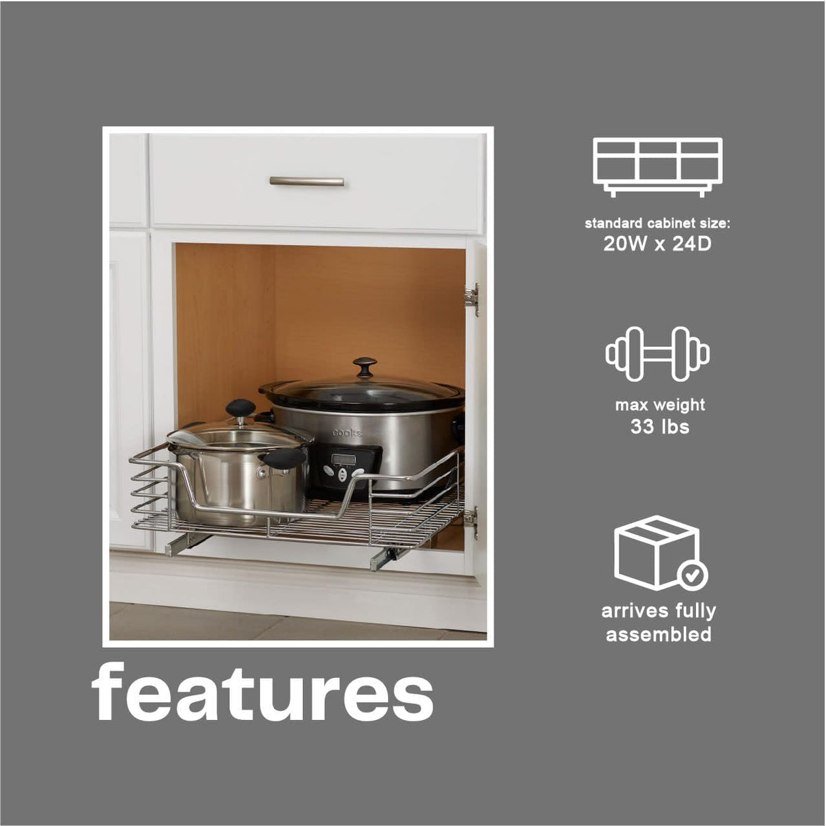 Home Decorators Collection Extra deep Sliding Organizer, 6" Hx20 Wx21 D, Chrome