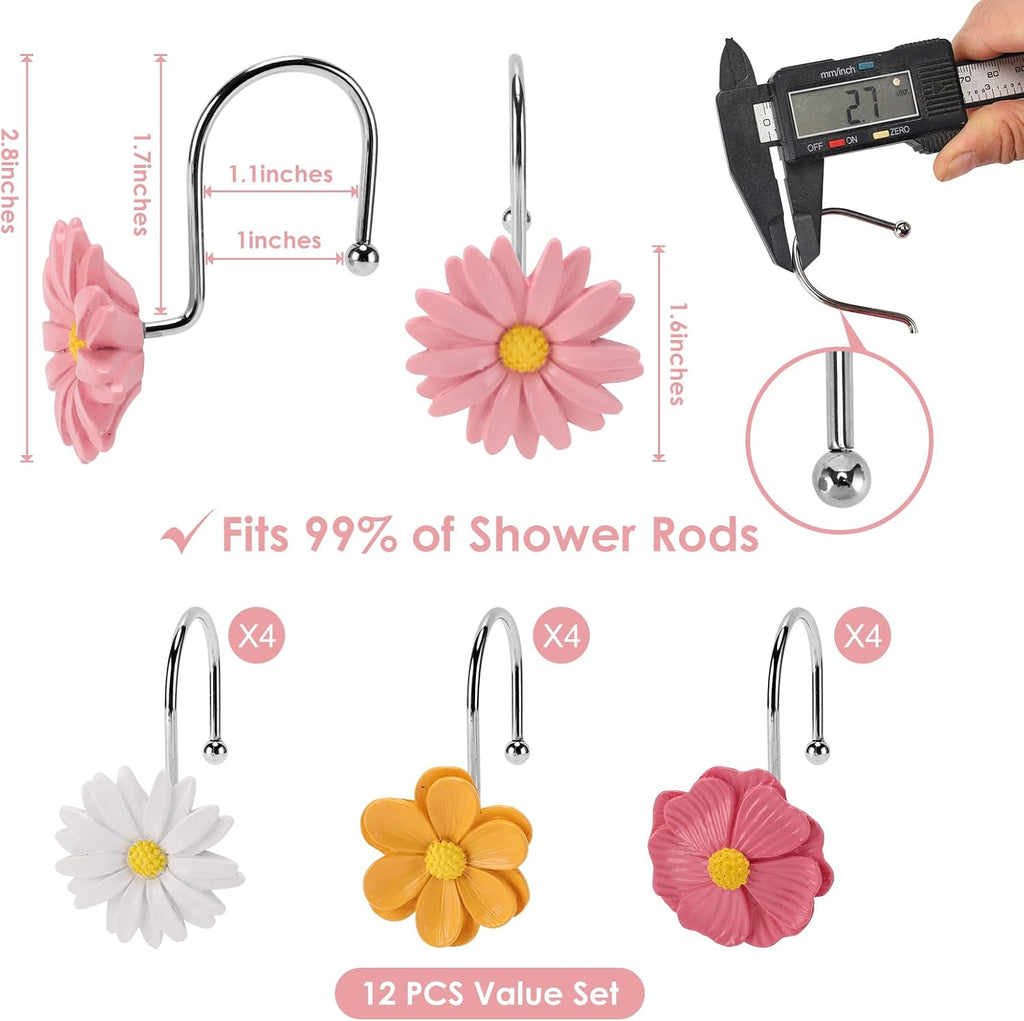 Flower Shower Curtain Hooks, 12 Pack Rustproof Stainless Steel Decorative, Bohemian Floral Bathroom Accessories for Curtain Rod and Shower Rod（Blush Pink）