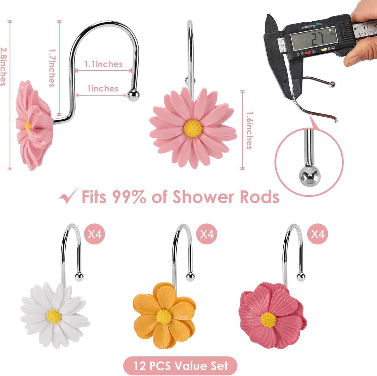 Flower Shower Curtain Hooks, 12 Pack Rustproof Stainless Steel Decorative, Bohemian Floral Bathroom Accessories for Curtain Rod and Shower Rod（Blush Pink）