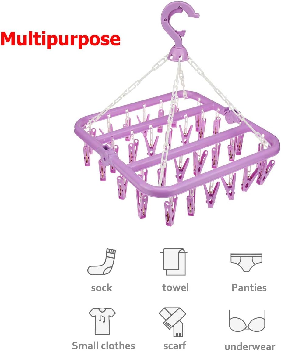 Laundry Hangers with 32 Clips,Clothespin Rack Foldable Laundry Drying Rack Drip Hanger for Drying Socks,Bras,Towel,Underwear,Hat,Scarf,Pants,Baby Clothes,Cloth Diapers,Gloves (Purple)